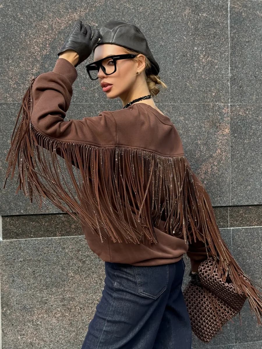 Свитшот без начеса оверсайз с бахромой