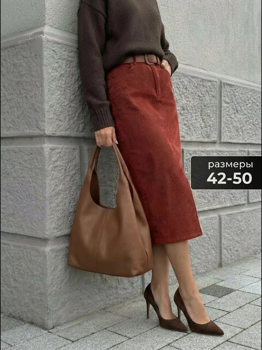 Юбка вельветовая миди c разрезом сбоку зимняя
