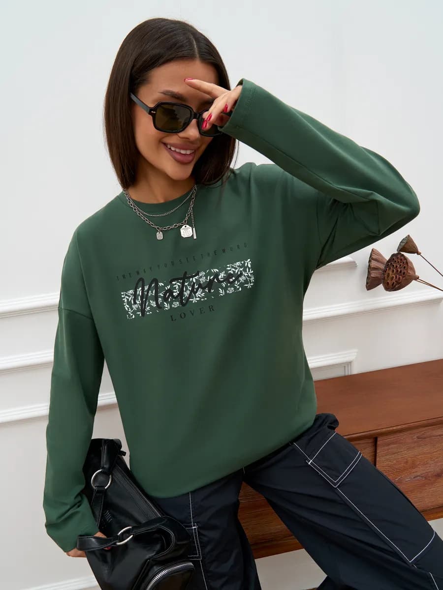 Лонгслив оверсайз с принтом базовый хлопок