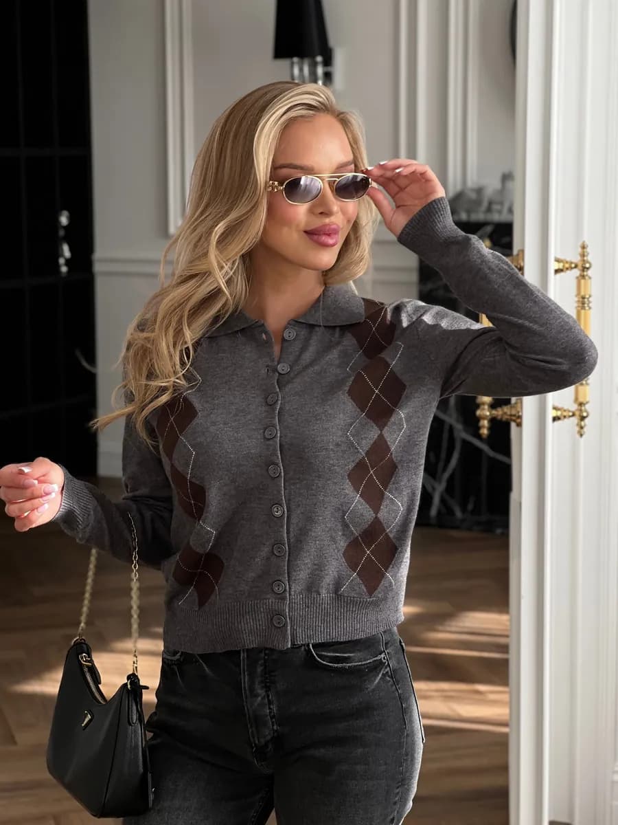 Кардиган аргайл серый с воротником