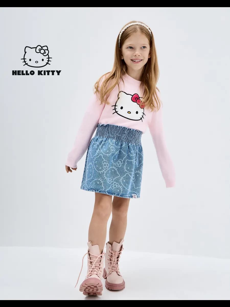 Джинсовая юбка-трапеция с принтом Hello Kitty