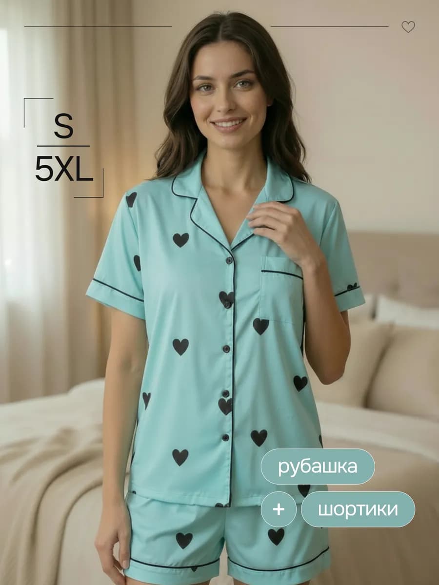 Пижама домашняя комплект с шортами и рубашкой