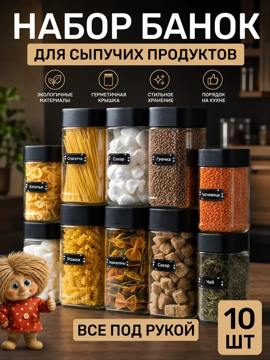 Набор банок для сыпучих продуктов стекло