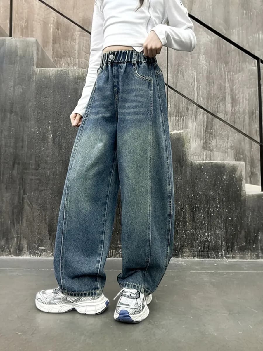 Широкие джинсы багги на резинке для подростка
