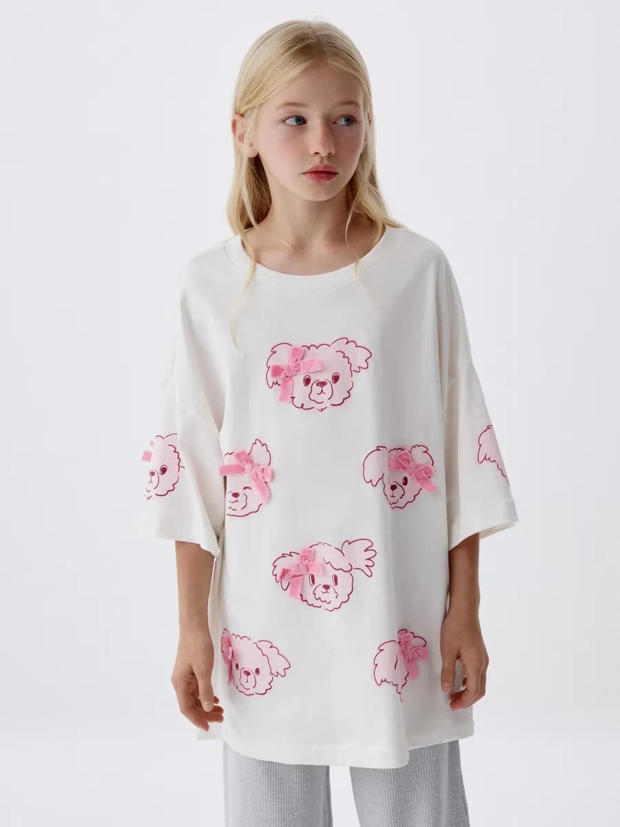 Футболка хлопковая свободная с принтом и бантиками