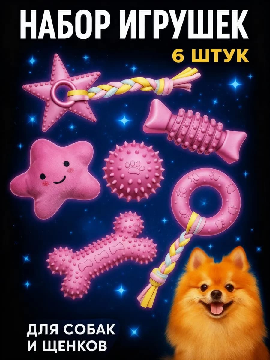 Набор игрушек для собак щенков мелких, крупных пород 6 в 1