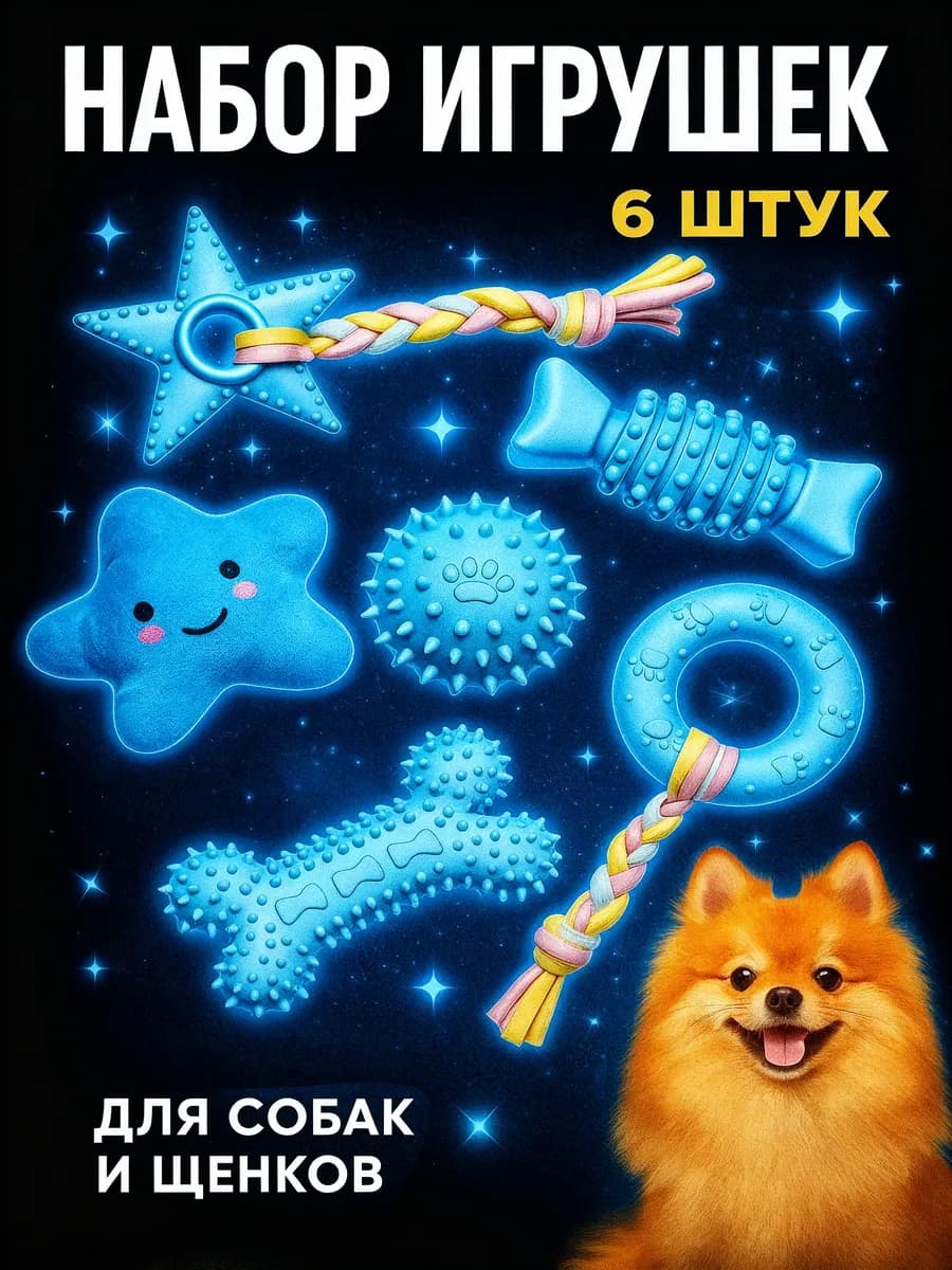 Набор игрушек для собак щенков мелких, крупных пород 6 в 1
