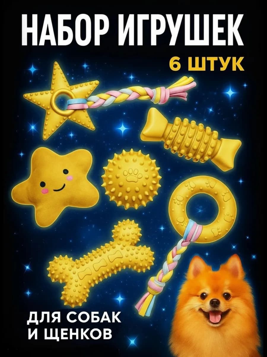 Набор игрушек для собак щенков мелких, крупных пород 6 в 1