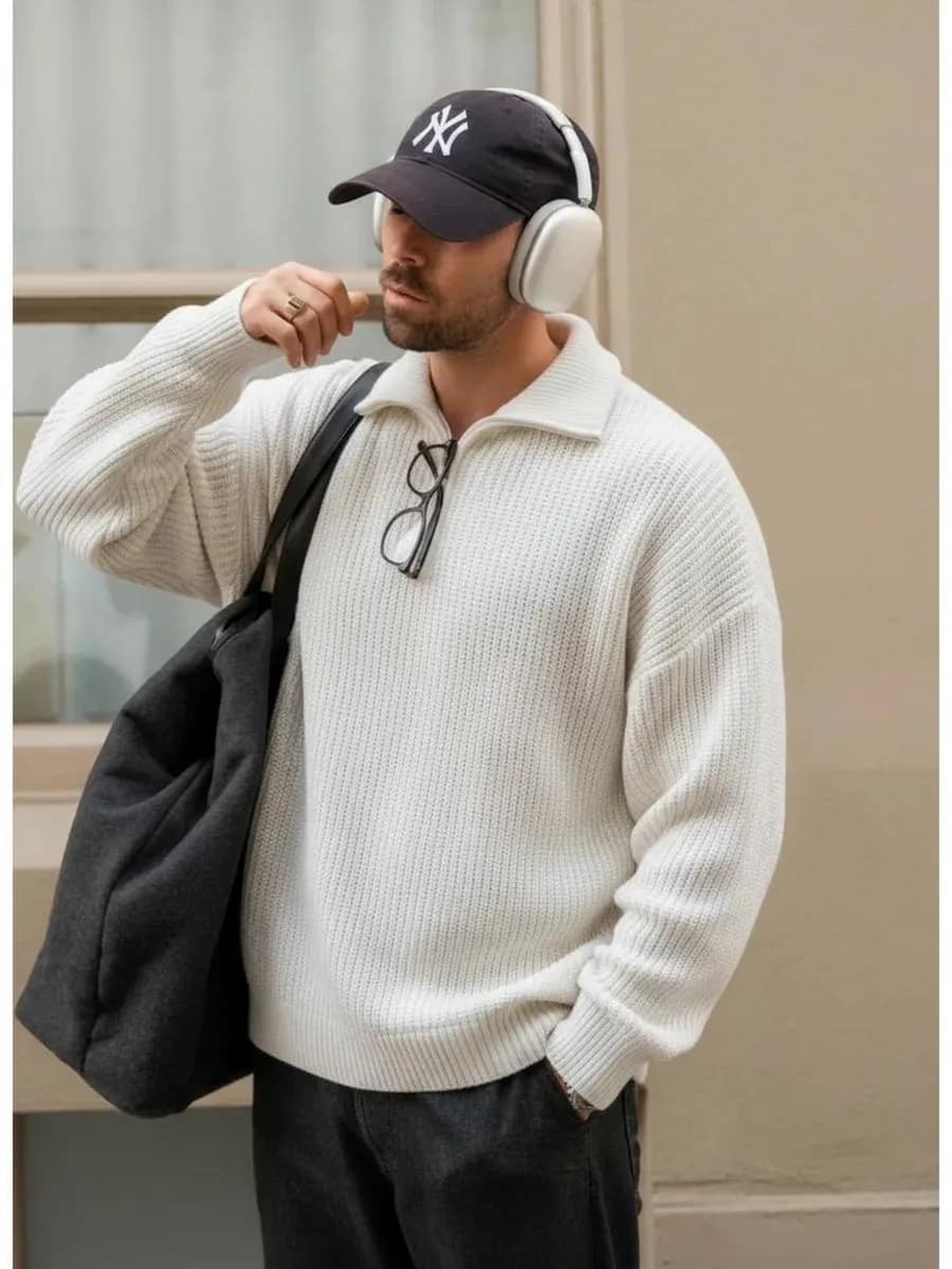 Свитер оверсайз вязаный с воротником на молнии