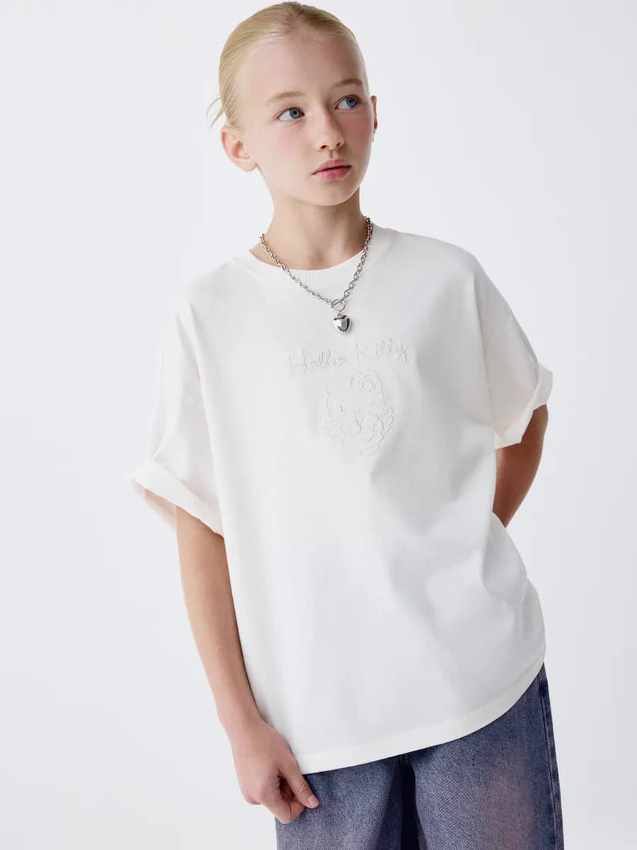 Футболка хлопковая свободная с вышивкой Hello Kitty