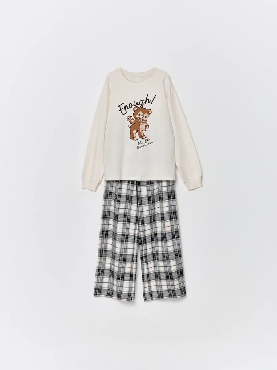 Пижама со штанами и лонгсливом трикотажная с принтом - фото 1