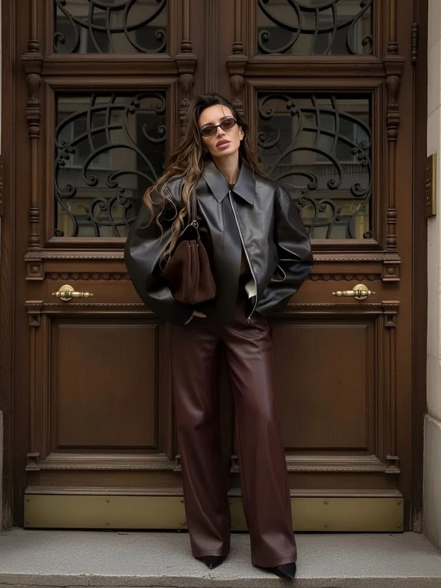 Брюки кожаные утепленные палаццо - фото 1