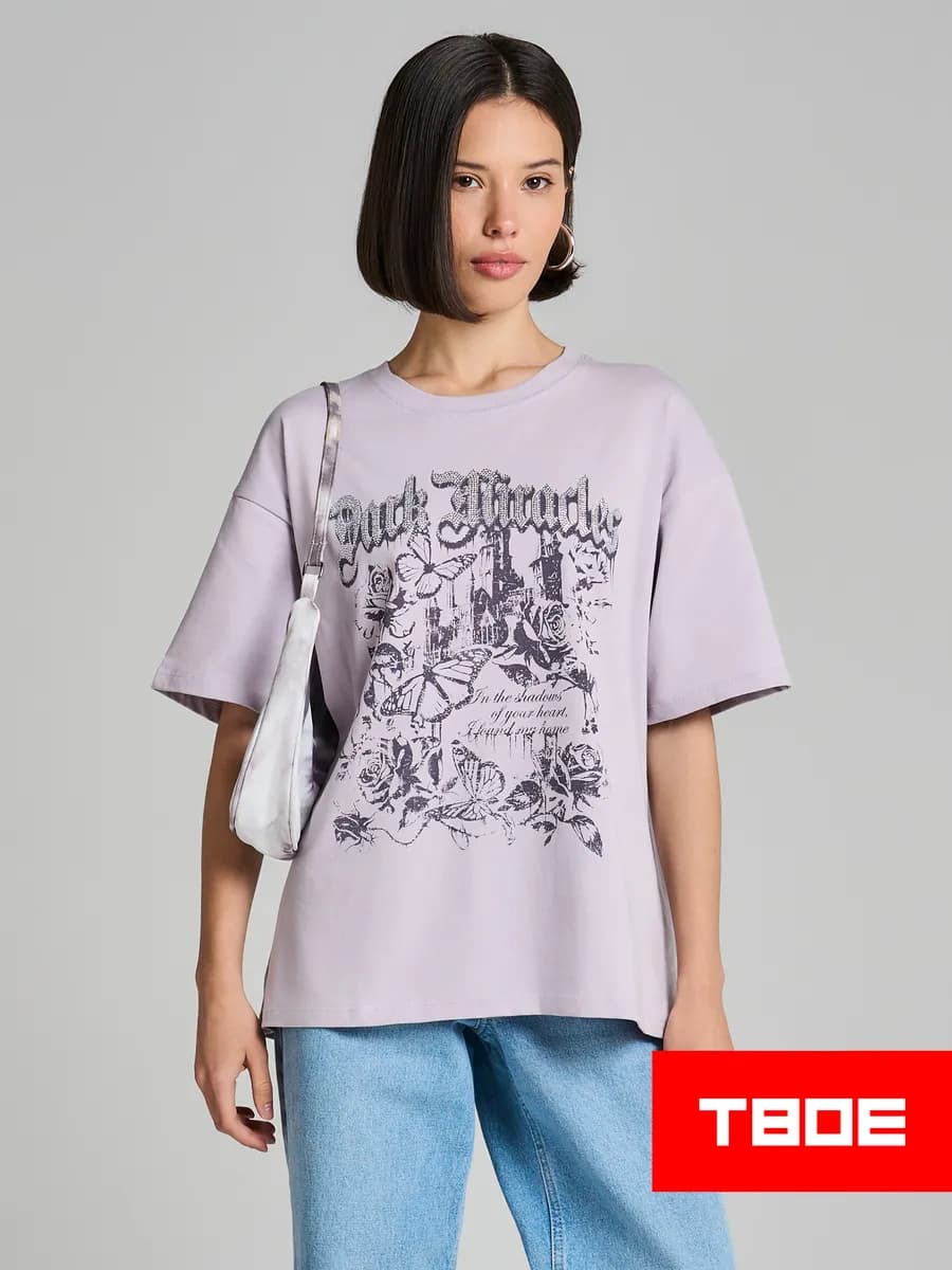 Хлопковая футболка с принтом и стразами