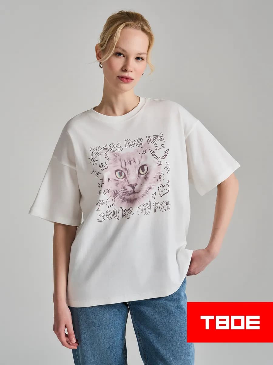 Футболка из хлопка с принтом кошки - фото 1