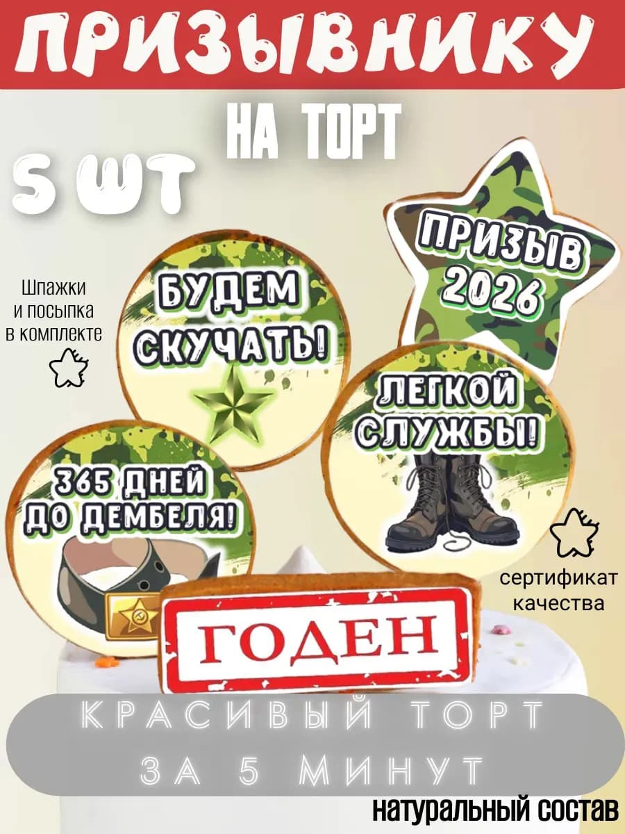 Украшение для торта "Призывнику" 5 шт