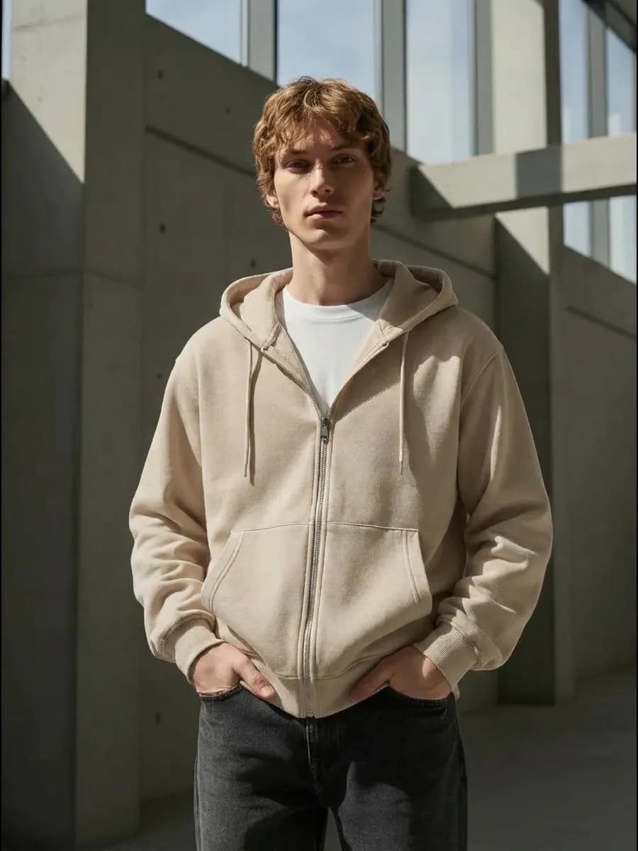 Зип худи мужское оверсайз с капюшоном на молнии без начеса