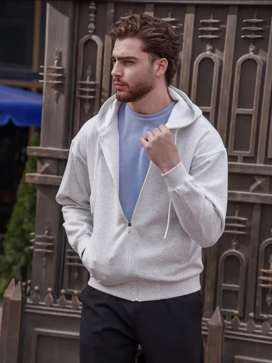 Зип худи мужское оверсайз с капюшоном на молнии без начеса