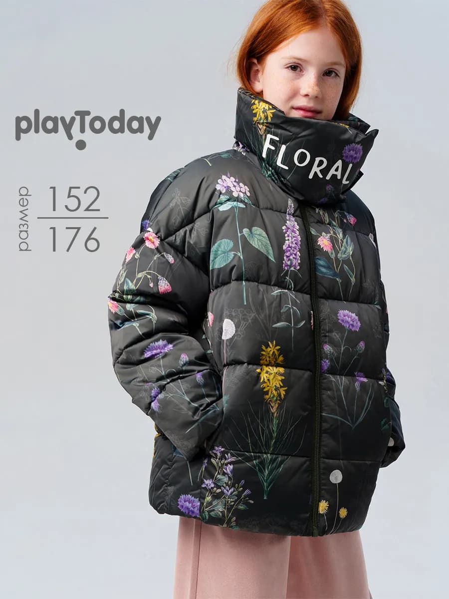 Куртка зимняя подростковая пуховик с цветочным принтом - фото 1