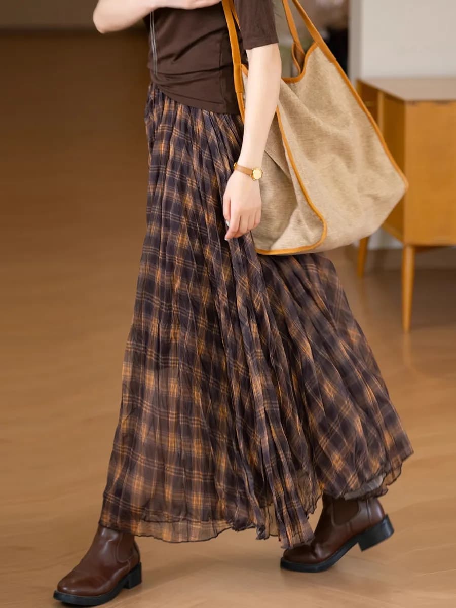 Юбка длинная асимметричная с принтом в клетку - фото 1