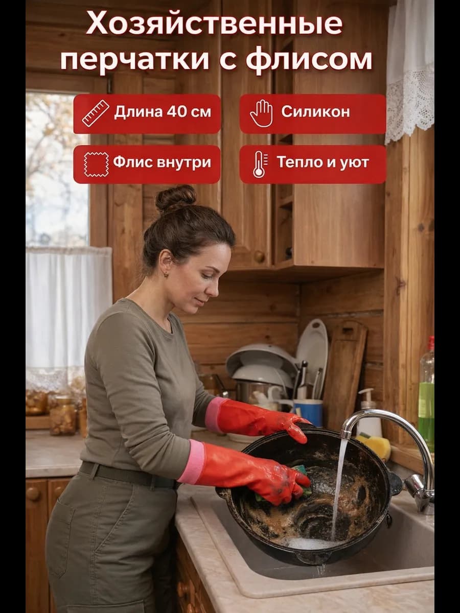 Резиновые перчатки хозяйственные с флисом - фото 1