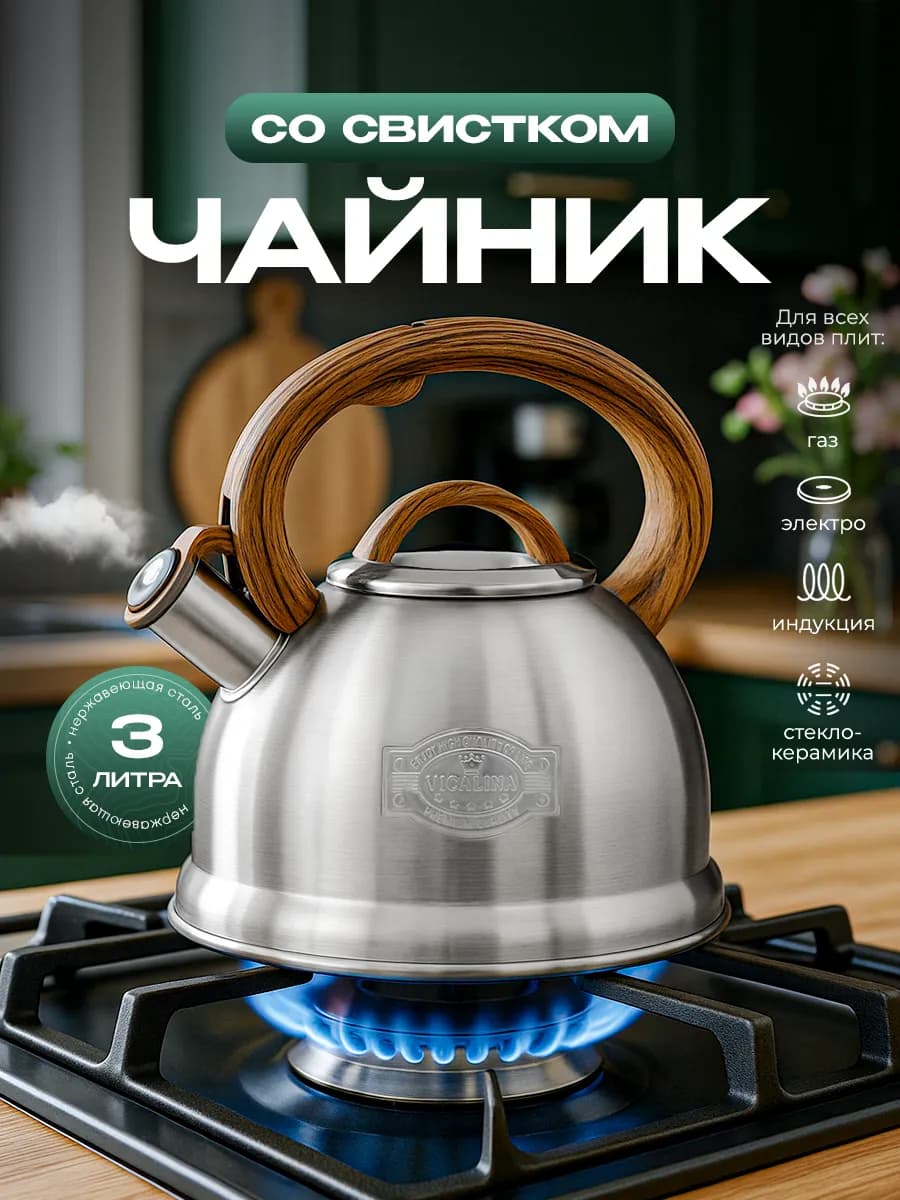 Чайник для плиты со свистком 3 л из нержавеющей стали