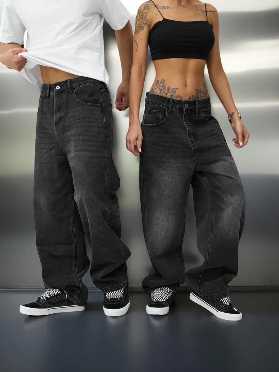 Джинсы широкие багги серые с потертостями