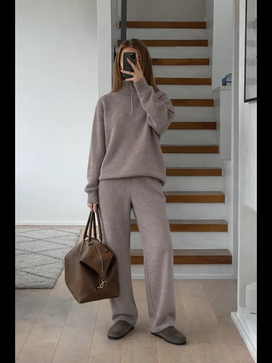 Вязаный костюм с брюками палаццо шерстяной оверсайз теплый
