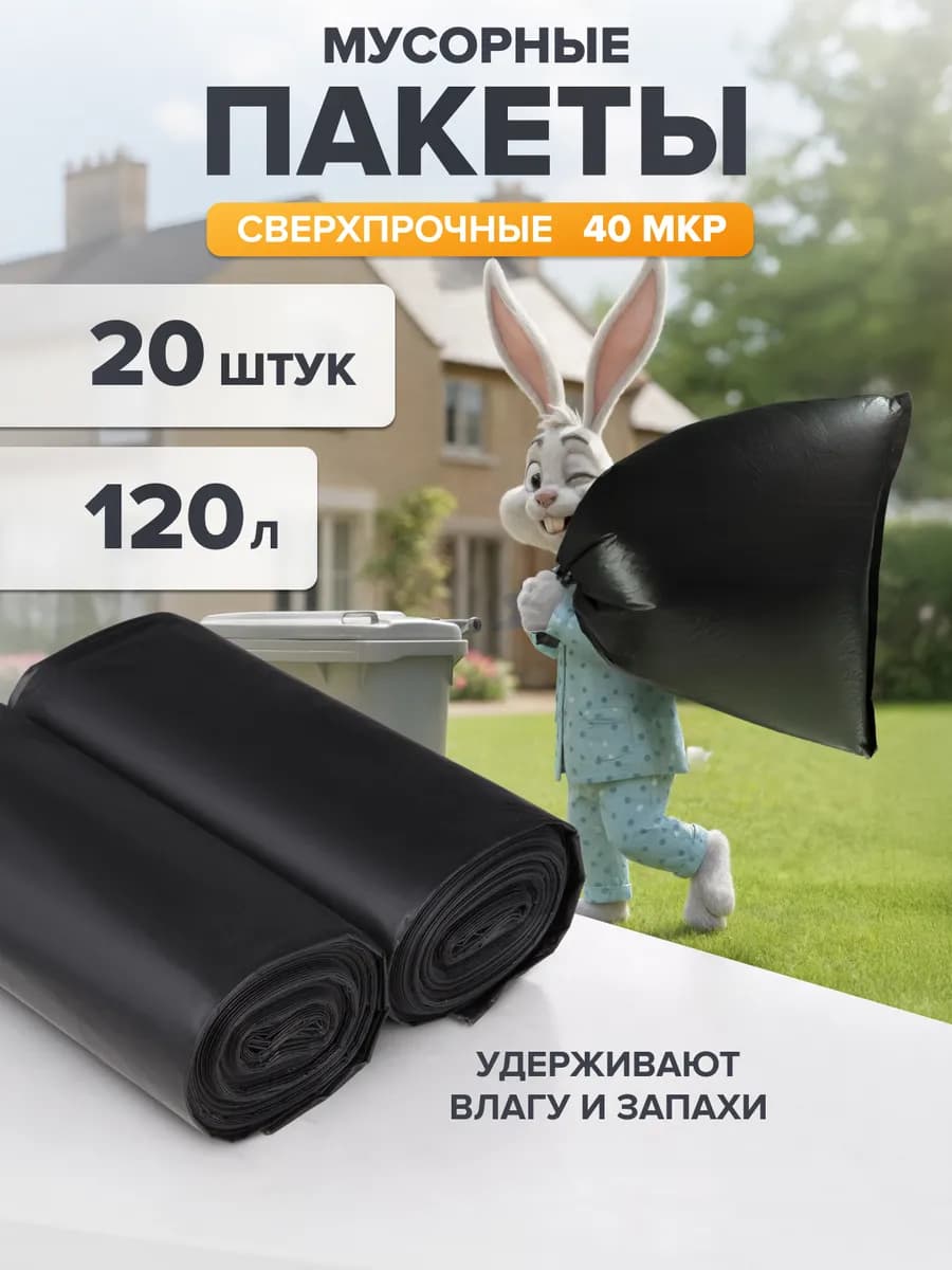 Мешки для мусора 120 л прочные мусорные пакеты плотные 20 шт