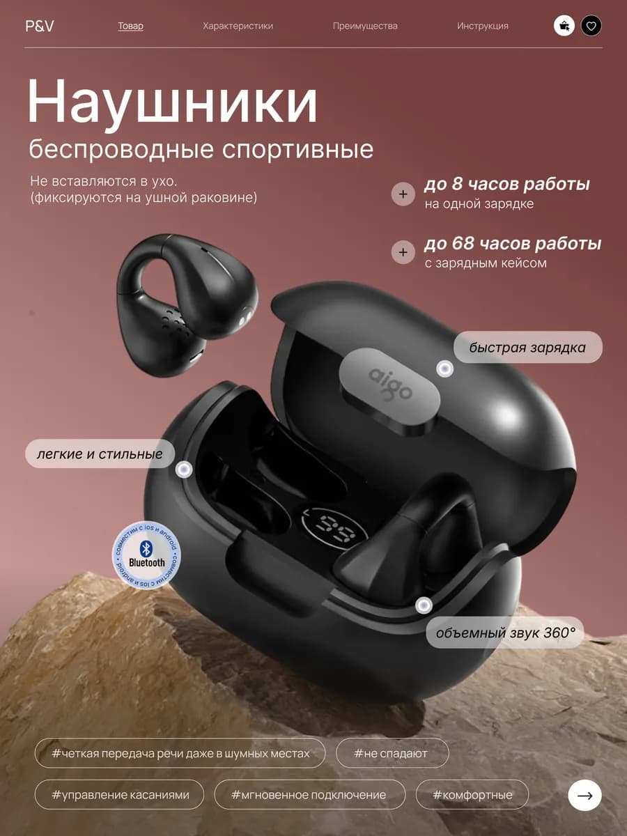 Наушники клипсы беспроводные спортивные для андроид и айфона