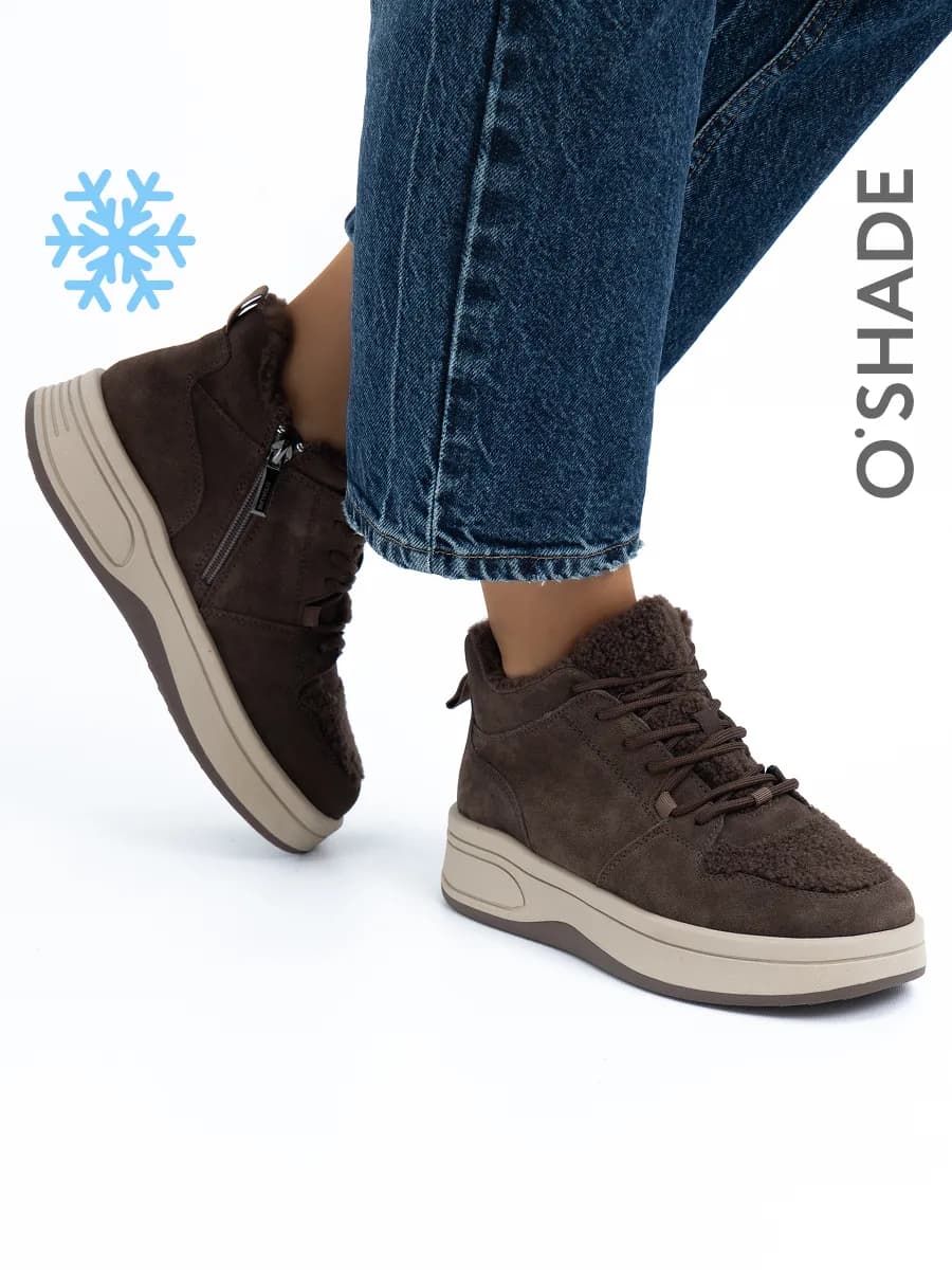 Меховые ботинки женские зимние коричневые