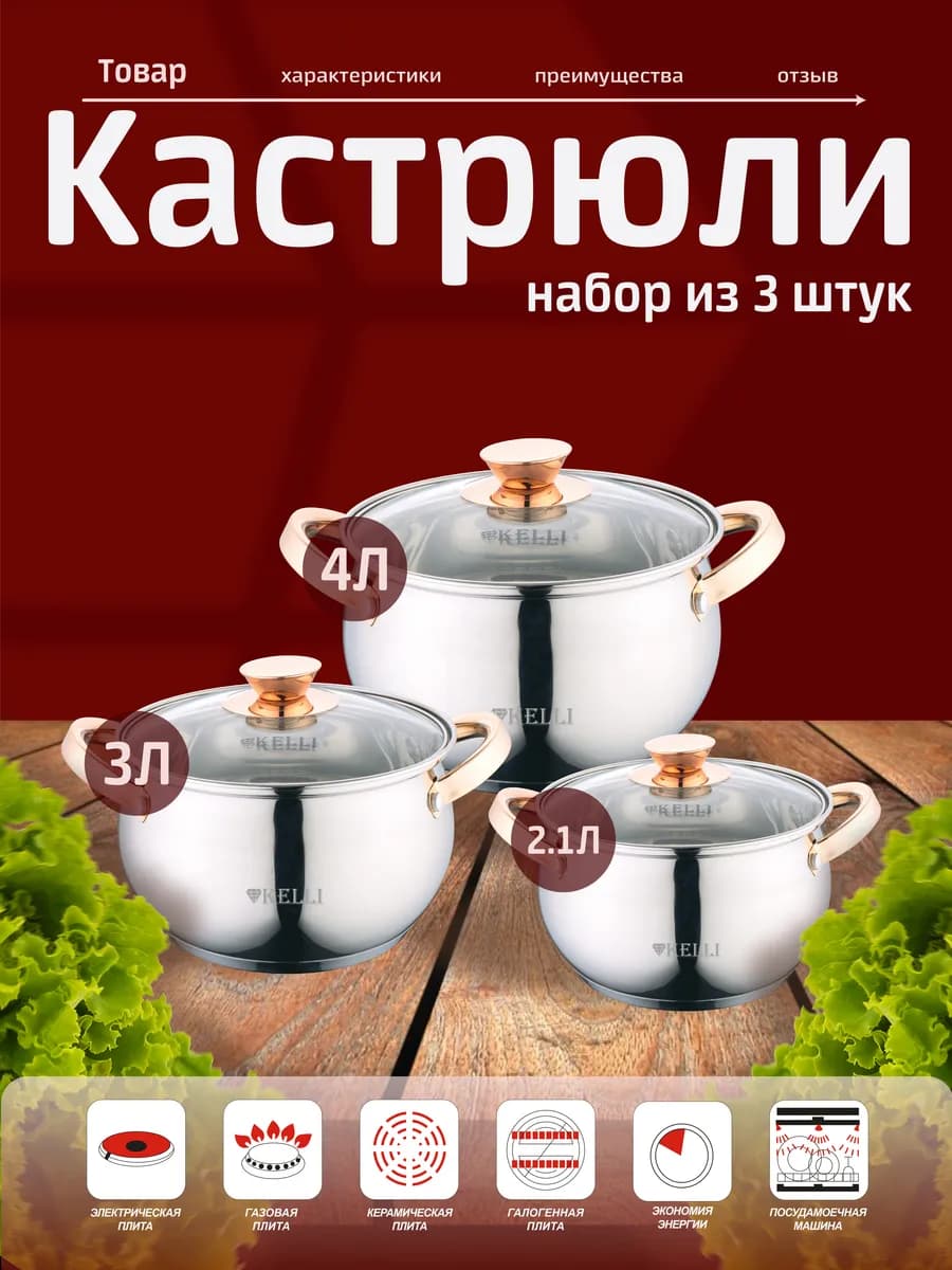 Набор посуды из нержавеющей стали. Объем 2,1 3 4 л
