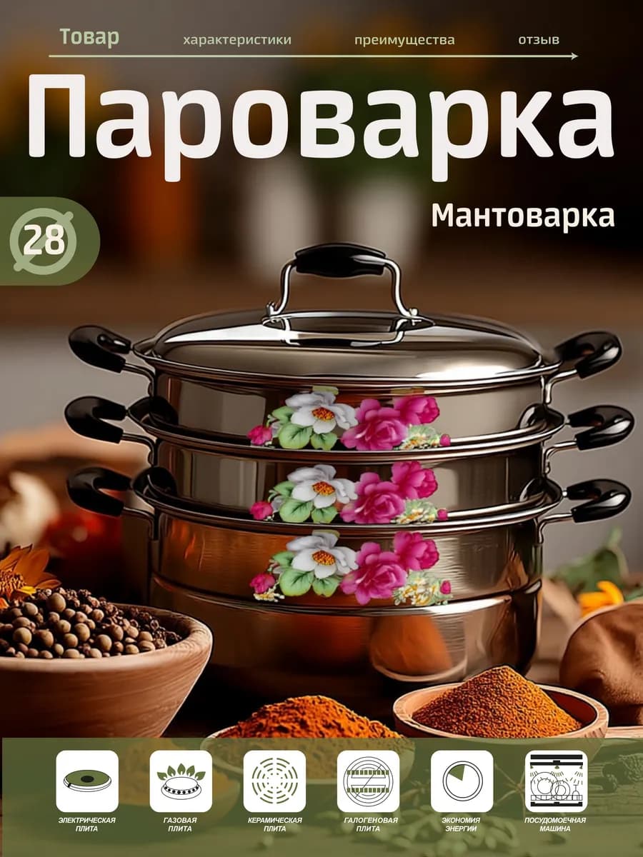 Мантоварка трехуровневая. Объем 9 л. Ø 28 см