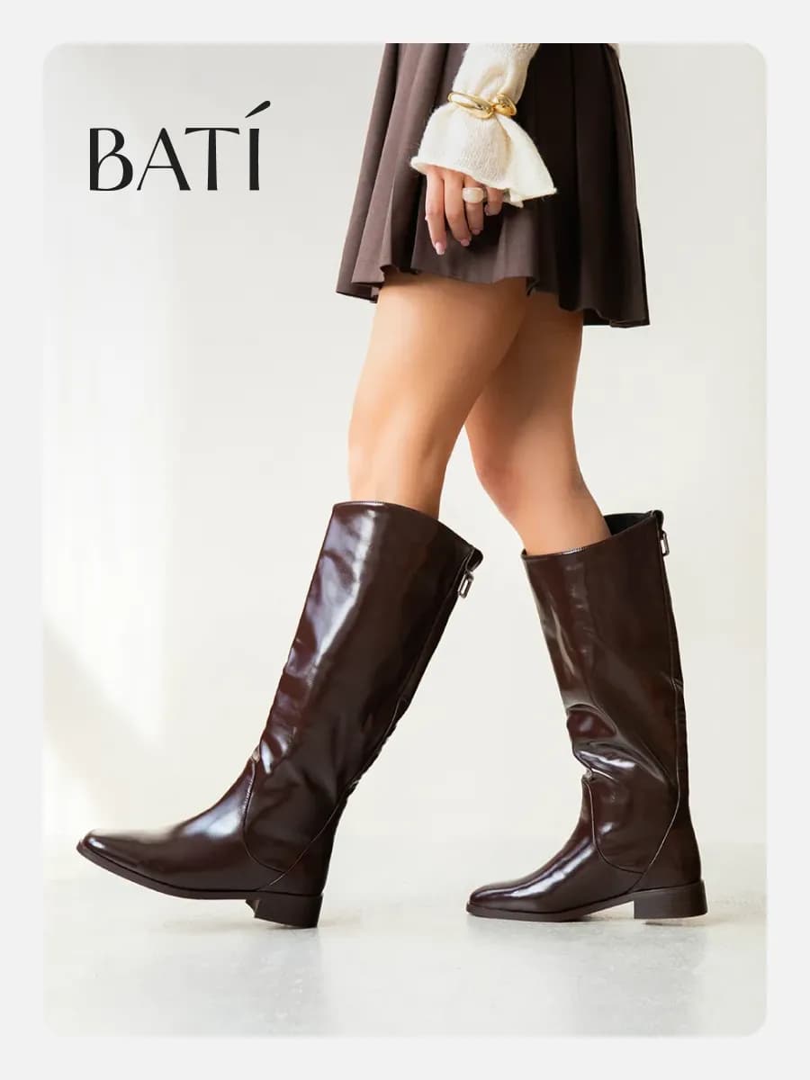 Сапоги зимние высокие без каблука кожаные коричневые