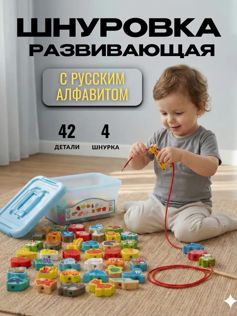 Шнуровка для детей развивающая деревянная в контейнере