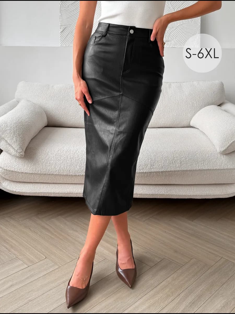 Юбка кожаная прямая с разрезом