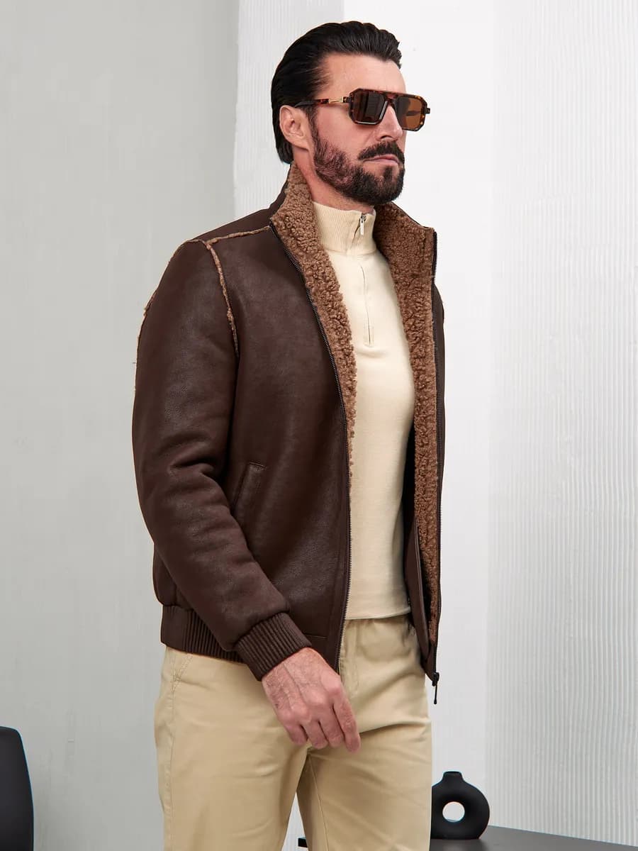 Куртка бомбер кожаная демисезонная с мехом