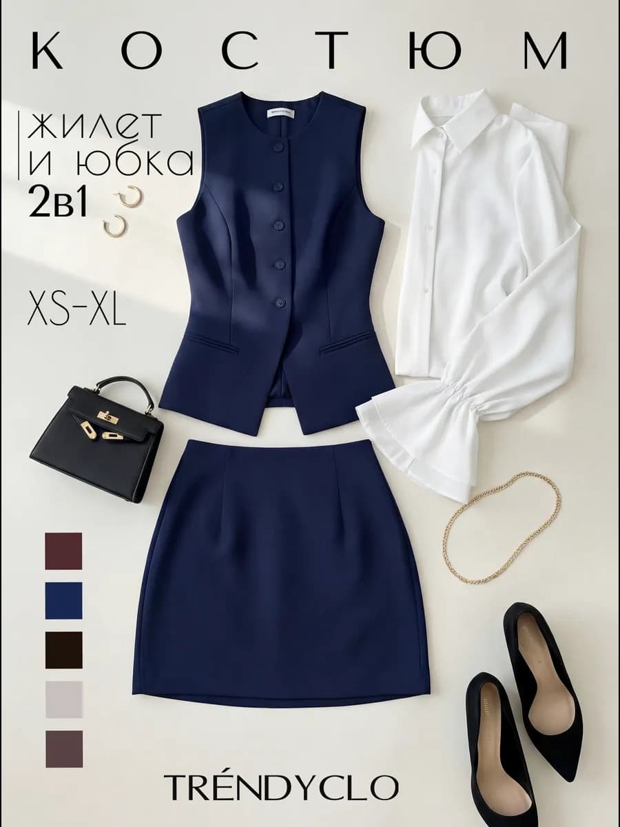 Деловой костюм классический с жилетом и юбкой мини