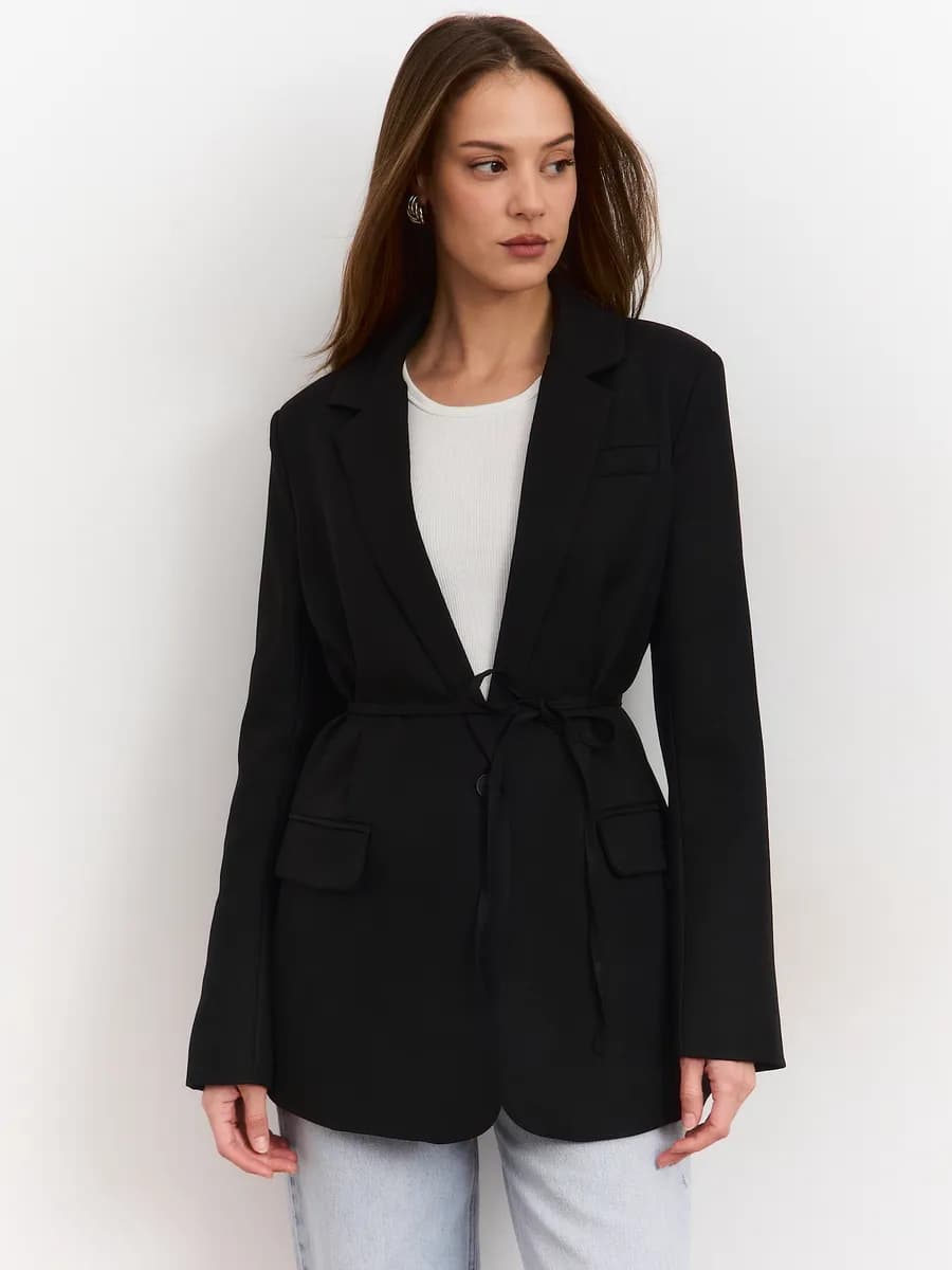 Пиджак с поясом черный оверсайз - фото 1