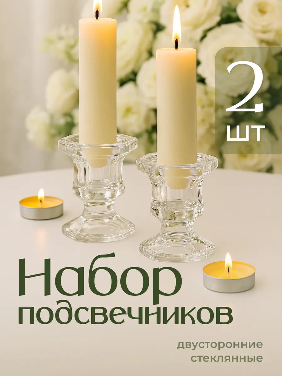 Подсвечники стеклянные для толстых свечей набор 2 шт