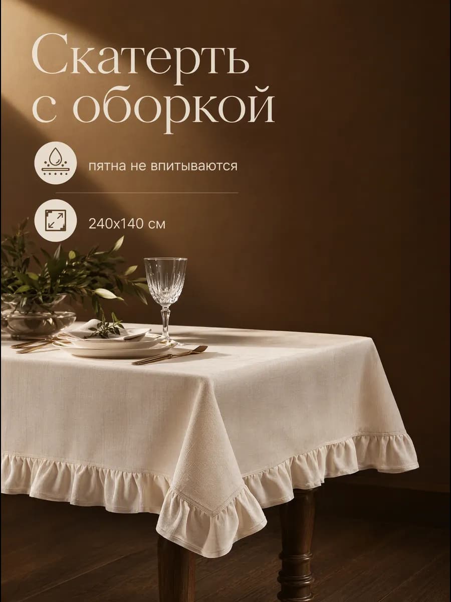 Скатерть на стол бежевая с оборкой 240 на 140см
