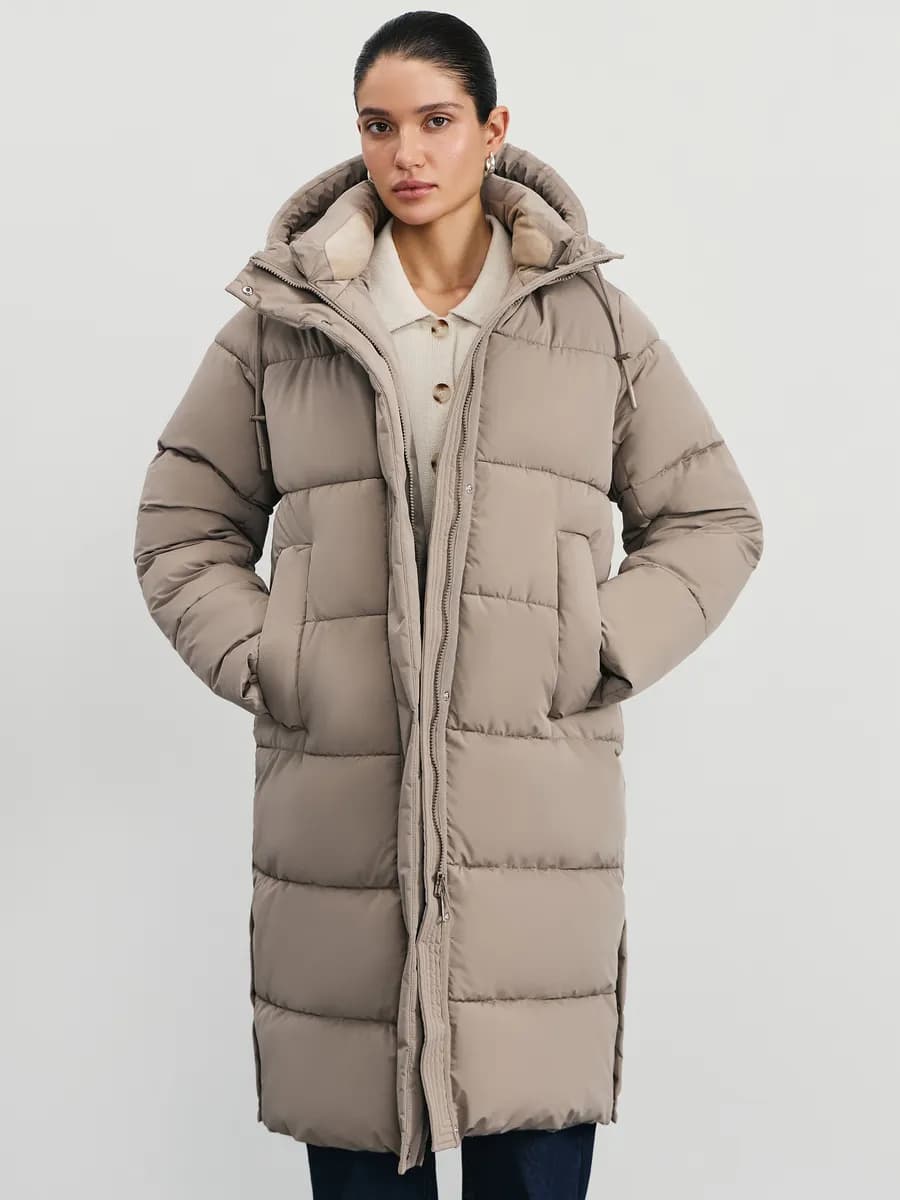 Пальто стеганое пуховик с капюшоном удлиненный зимний