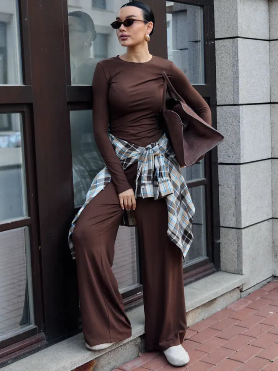 Костюм пижама трикотажный лонгсливом свободные брюки