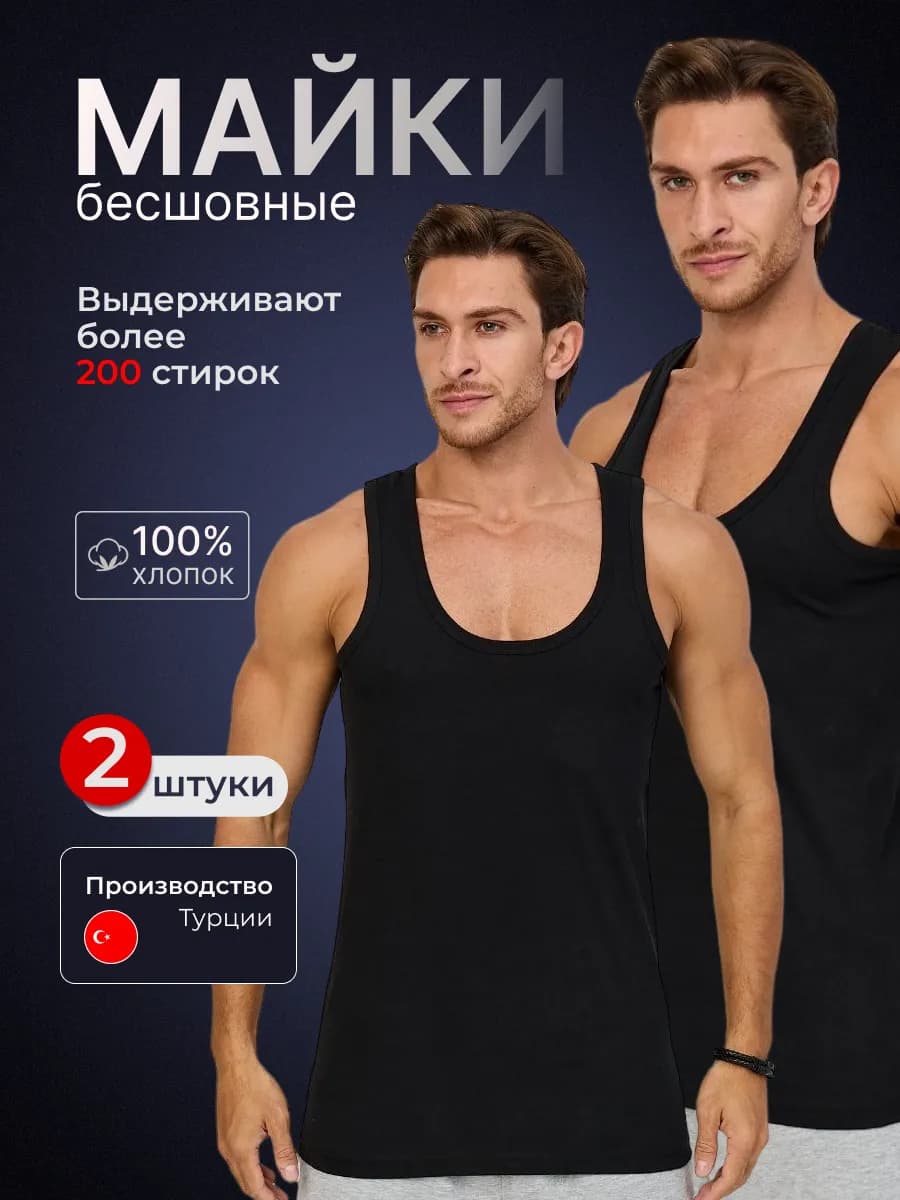 Майка бельевая черная легкая классическая 2шт Турция сп - фото 1