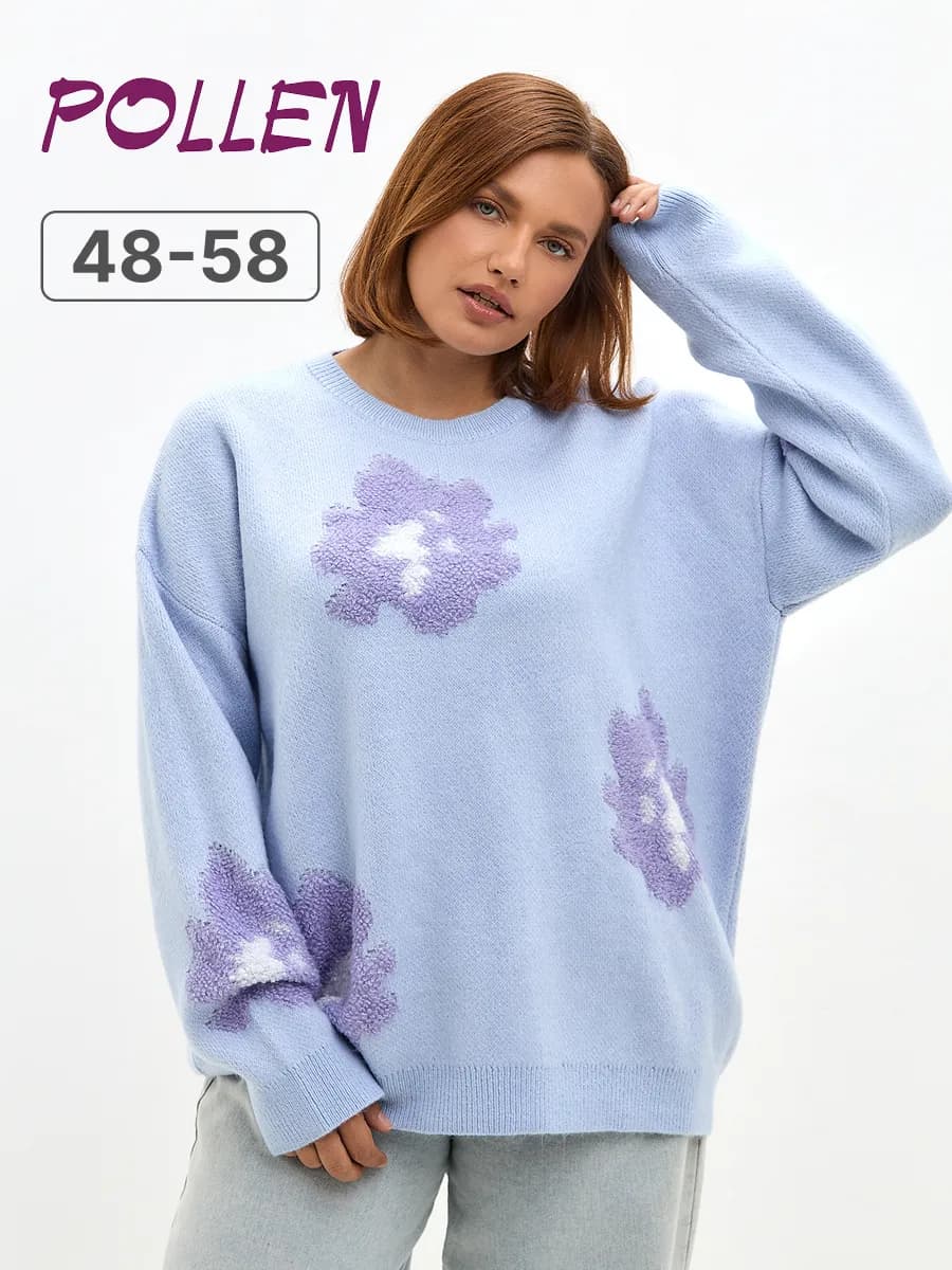 Джемпер удлиненный вязаный с принтом цветы