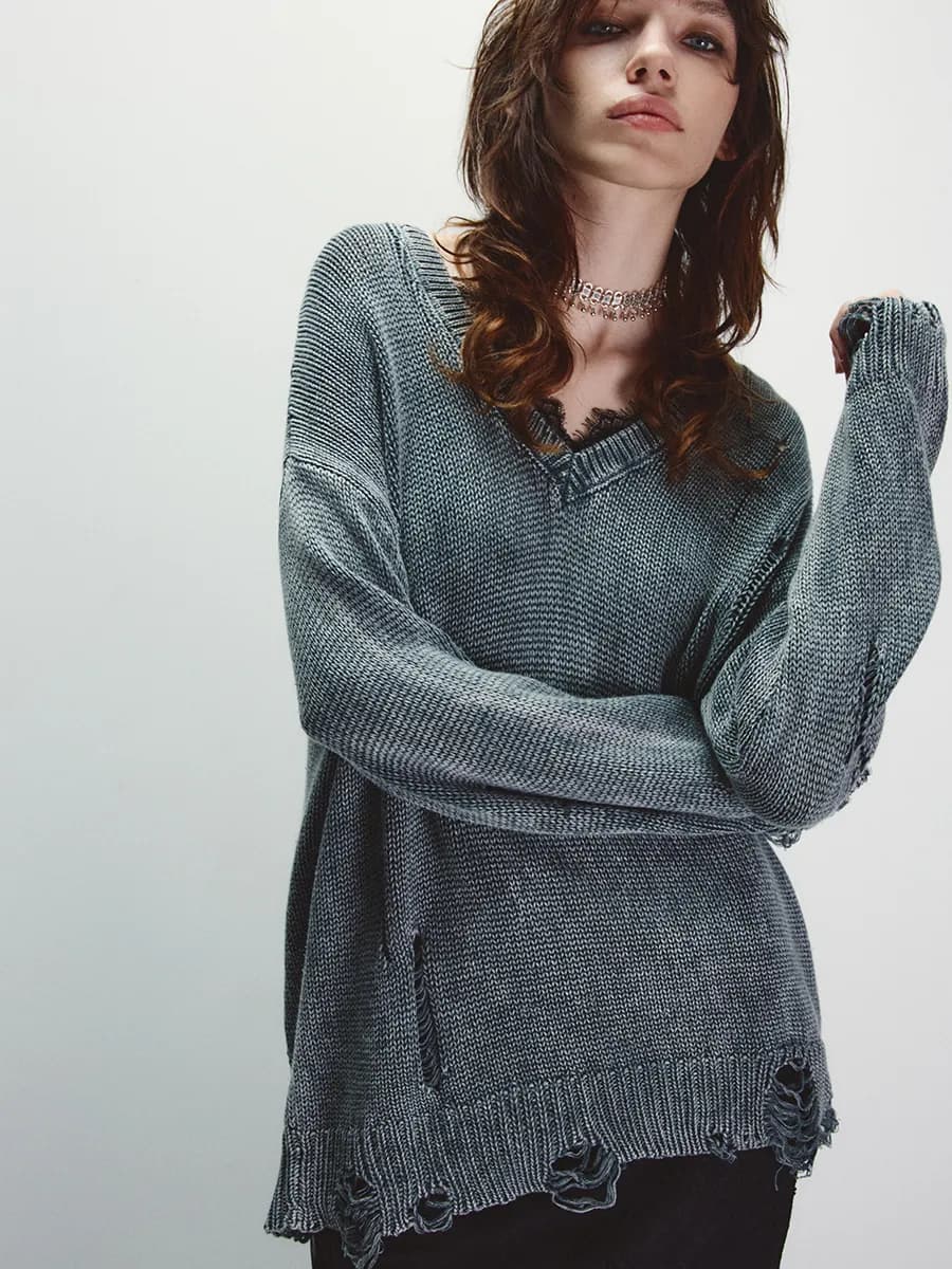 Джемпер вязаный с кружевом и стиркой - фото 1