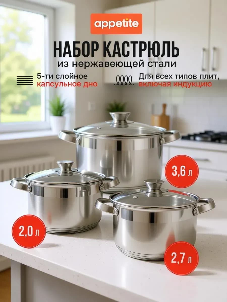 Набор кастрюль из нержавеющей стали со стеклянными крышками