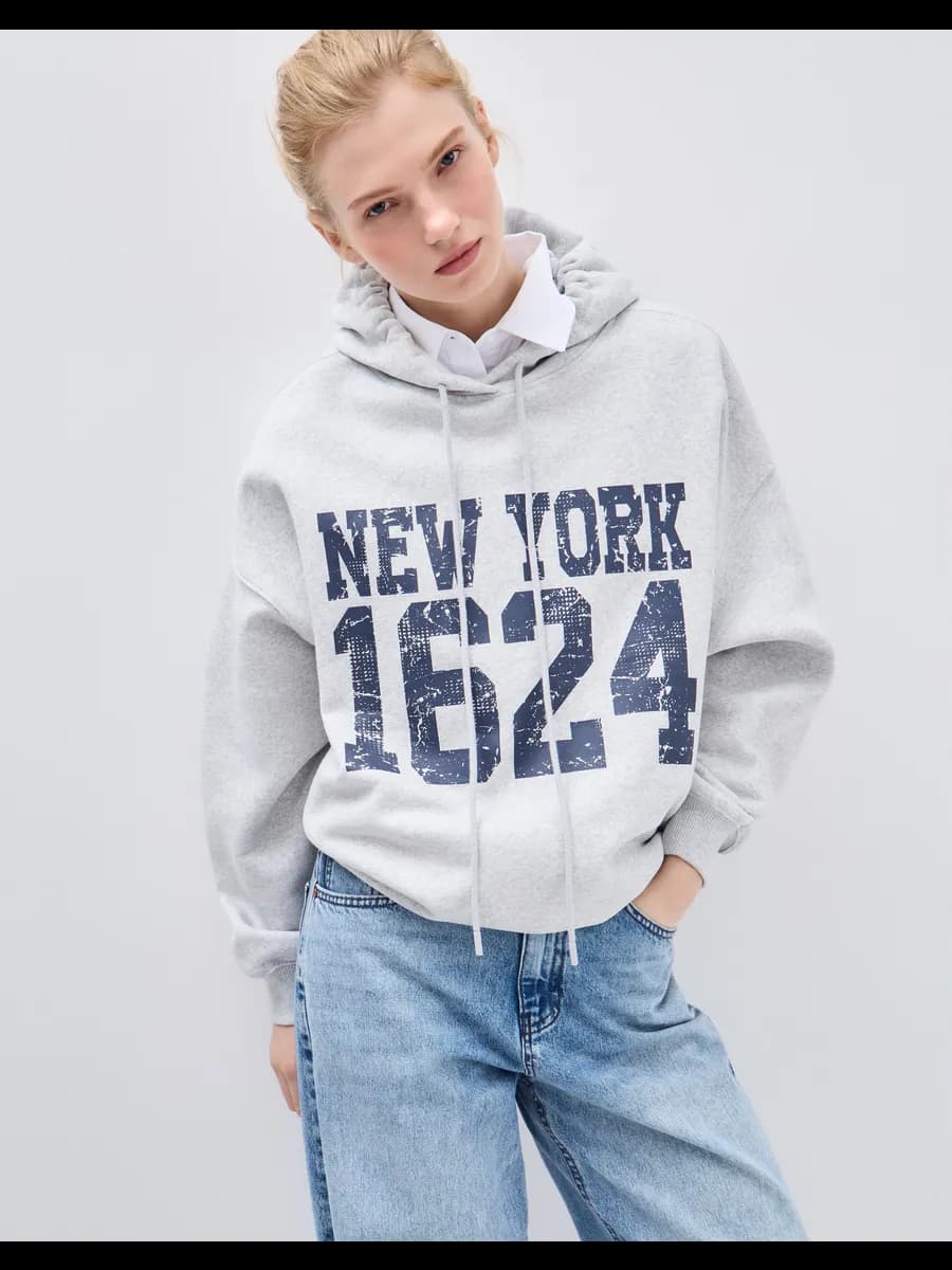 Серое худи superoversize с принтом и начёсом