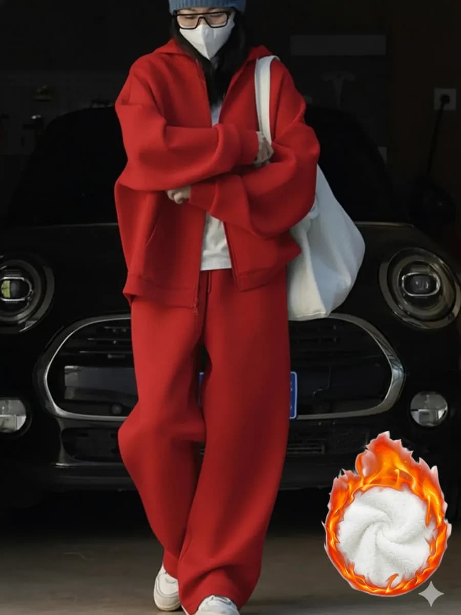 Теплый костюм оверсайз двойка со штанами и зип худи