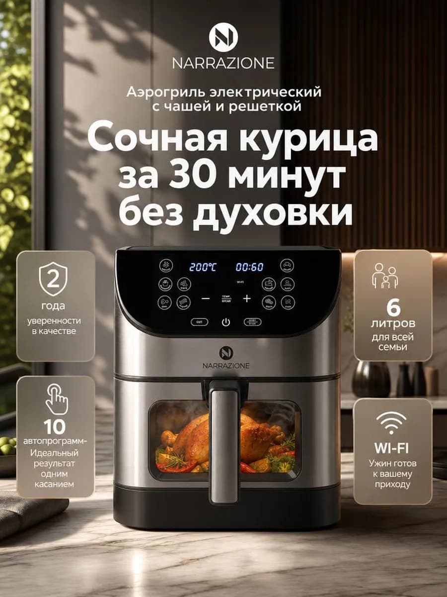 Аэрогриль электрический 6л Wi-Fi с решеткой и чашей с окном