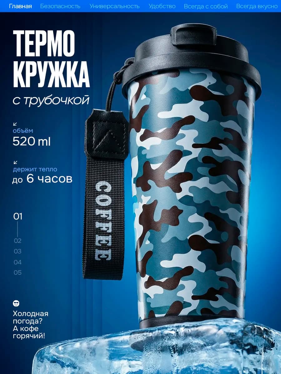 Термокружка 500 мл для кофе и чая с трубочкой